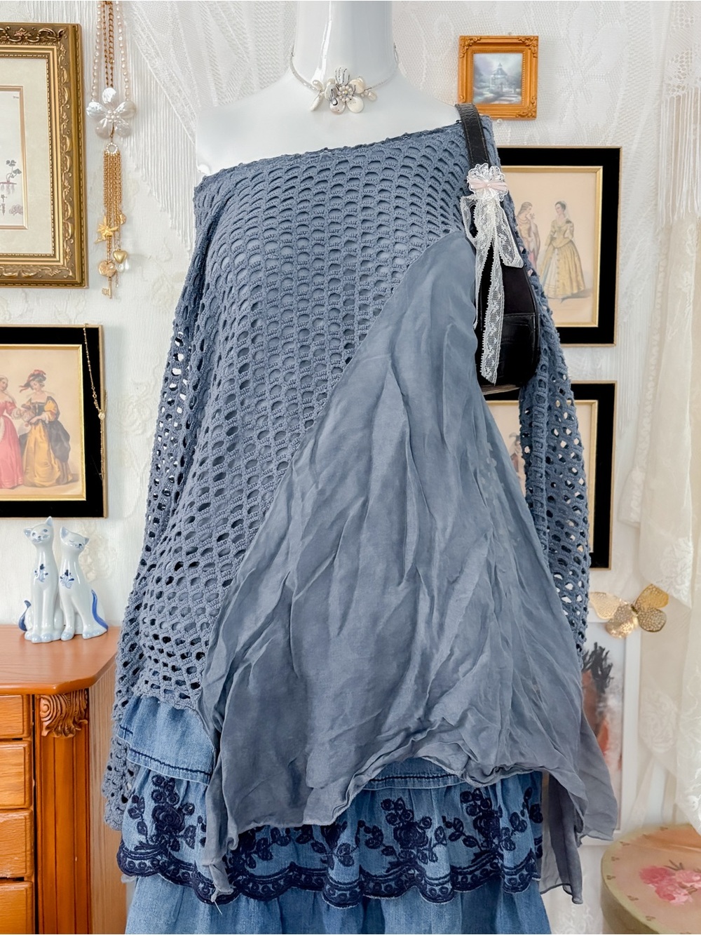 Subversive fairy grunge girly asymmetrical hem open crochet viscose silk top